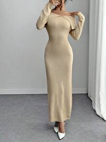 Chiquease Elegant Fitted Collar Long Sleeve Knit Warm High Waist Apricot Sweater Dress For Women, Autumn/Winter