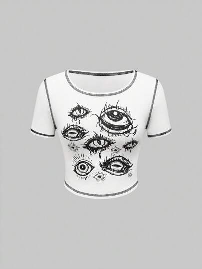 Grunge Punk Completi estivi da donna, Maglietta casual con design a blocchi di colore e motivo occhi punk