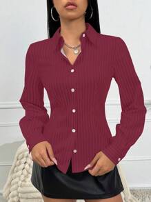 SHEIN PETITE 女式长袖条纹领口衬衫（腰部收紧）