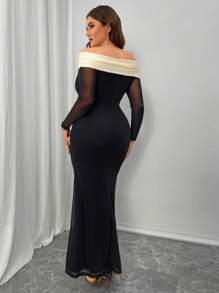 SHEIN Unity Plus Size Women's Elegant Color Block Off Shoulder Fishtail Hem Dress Maxi Women Outfit - Black - View 2