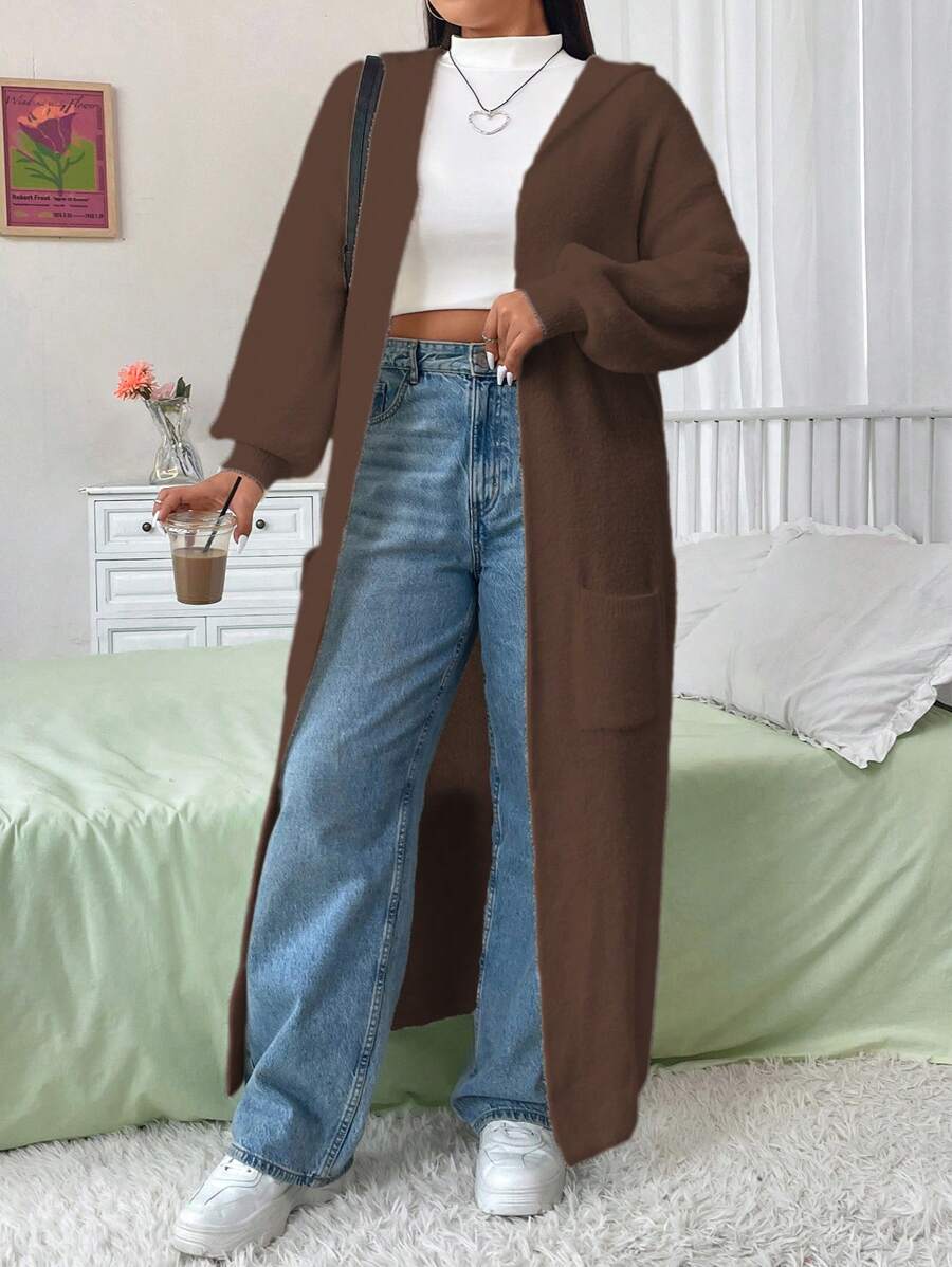 Flirla Áo len cardigan dệt kim đơn giản, tay dài màu trơn cỡ lớn, dành cho mùa đông - Cà phê nâu - Xem 1