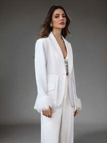 SHEIN Privé Women White Asymmetrical Hemline Feather Cuff Blazer Jacket - White - View 3