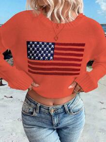 SHEIN LUNE Women's Round Neck Long Sleeve Flag Pattern Casual Sweater, Everyday Wear Knit Pullover Fall Winter - Burnt Orange - View 6