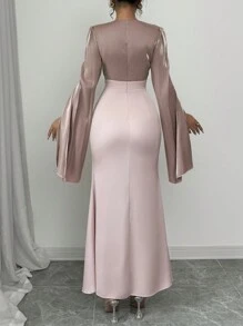 Rafferiza 女士优雅收腰鱼尾下摆鸡尾酒会连衣裙，喇叭袖，闪亮面料，秋冬长款女装 - 粉色 - 查看 2