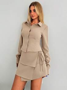 Aloruh Jesień/zima Damskie Nowe Eleganckie Koszule Zapinane Na Guziki I Spódnice Dwuczęściowe Jesienne Stroje Khaki Damskie Zestawy Koszulowe Zestawy Strojów Biurowych Zestawy Strojów Damskie