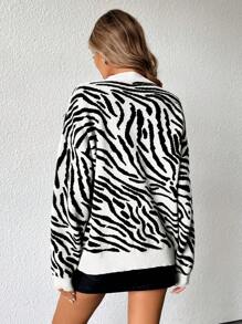 GENKIRA 女士时尚经典秋季斑马纹圆领针织套头衫毛衣秋冬款 - 白色 - 查看 3