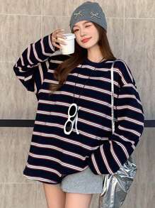 DAZY Striped Loose Drop Shoulder Long Sleeve Round Neck Women T-Shirt,Fall Clothes