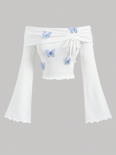 Girlism Blusa blanca de punto para adolescente con mangas abullonadas descubiertas el hombro y lazo de mariposa 3D con cordón, elegante y artístico, adecuado para el Día de San Valentín