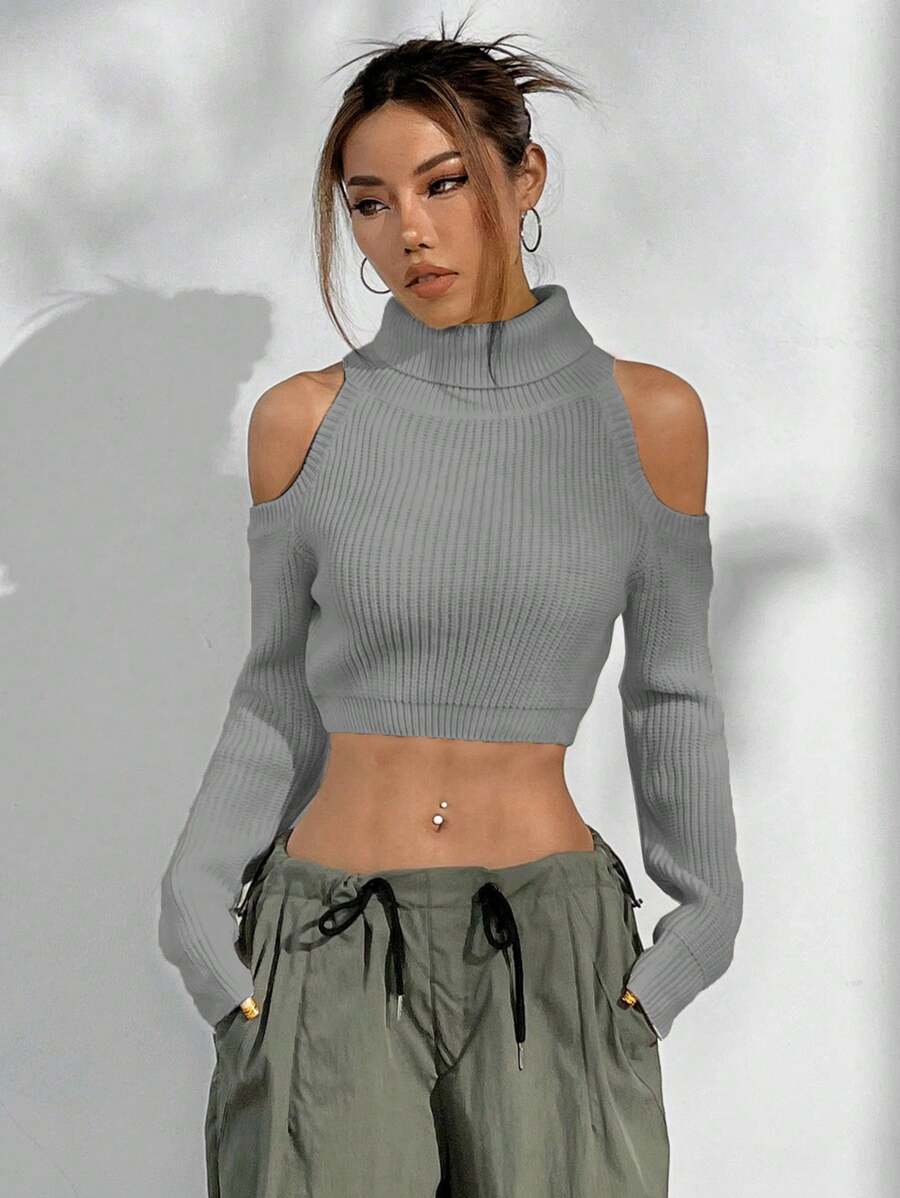 SHEIN Unity Sweater Bahu Terbuka Fashion Wanita, Leher Tinggi Gaya Minimalis, Pullover Rajut Kasual dan Sehari-hari untuk Musim Gugur dan Musim Dingin - Light Grey - View 1