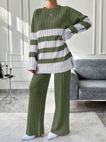 EURMUSE 2 pièces Ensemble tricoté femme, Top à manches longues à imprimé côtelé et pantalon unicolore - Multicolore - Voir 6