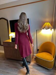 Pariaura 女士法式优雅纯色开衩针织毛衣裙，秋冬季新年服装 - 紅色 - 查看 2