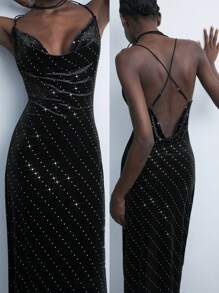 Maija 女士现代优雅节日/派对/度假复古休闲黑色天鹅绒水钻长裙，露背和细肩带，性感情人节 - 黑色 - 查看 5
