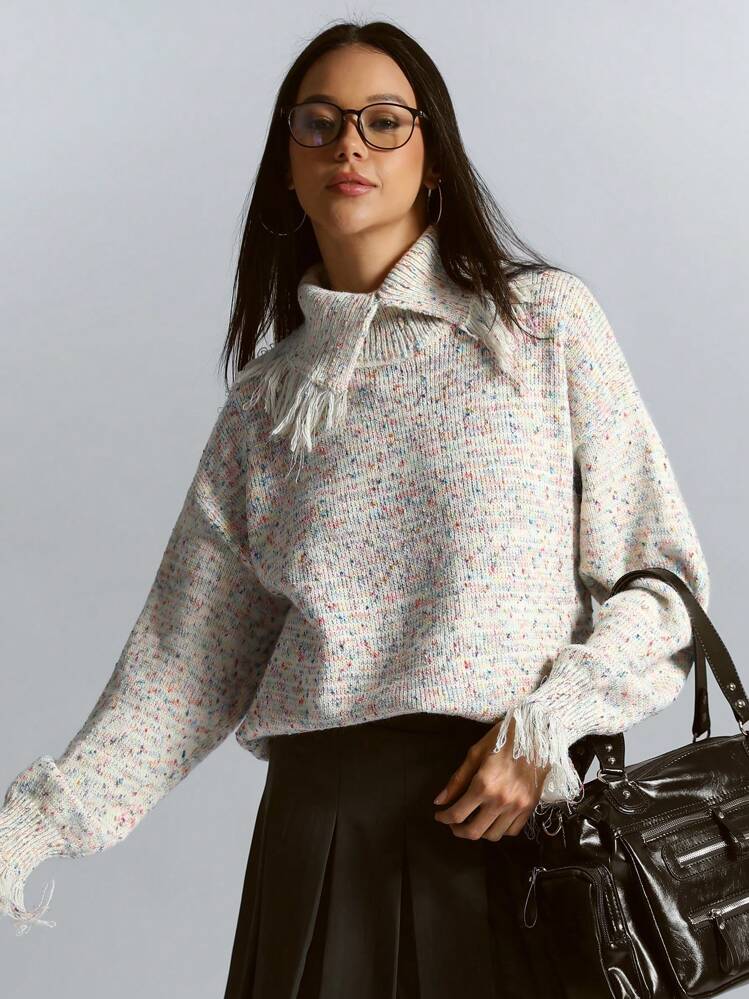 Chiquease Women Rainbow Polka Dot Fringe Trim Collar Split Cuff Design Knit Pullover Sweater, Winter Oversized Turtle Neck Sweater Knit Pullover Fall - Multicolor - View 1