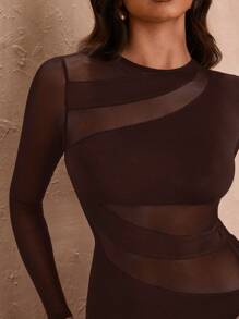 SHEIN BAE 夏季黑色圆领性感透视镂空网眼拼接不对称紧身衣女款