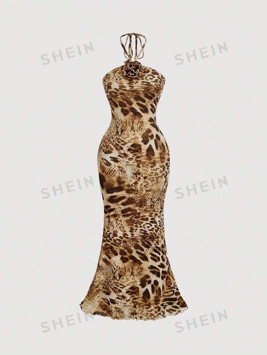 SHEIN MOD Vestido de mujer con estampado de leopardo, decoración floral y bajo de cola de pez, elegante cuello de halter