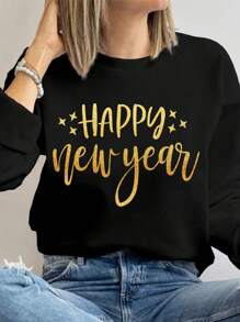 SHEIN Essnce Áo nỉ nữ cổ tròn tay dài in họa tiết tối giản giản dị, dáng rộng, thu đông - màu đen - Xem 4