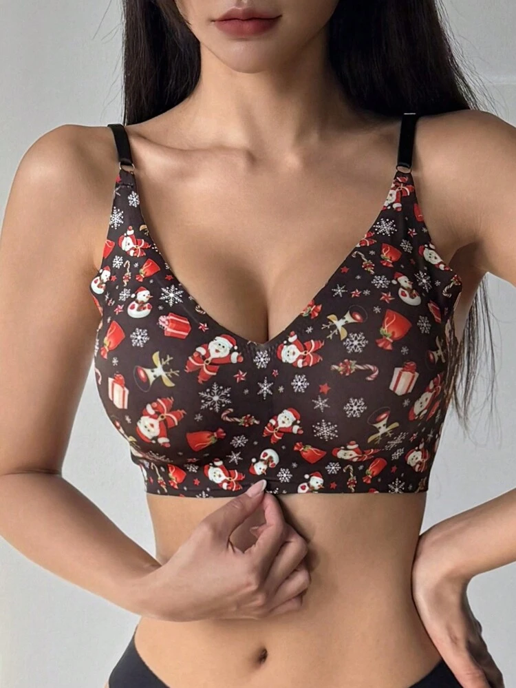 Cute Christmas Pattern Printed Wireless Seamless Comfortable Breathable Push-Up Bra Lingerie For Women