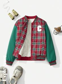 SHEIN 1pc Boys/Teens' Padded Bomber Jacket, Plaid Patchwork Letter Badge Design, Warm & Comfortable For Casual, City, Outdoor, Sports, School, Gathering Etc. Suitable For Autumn/Winter