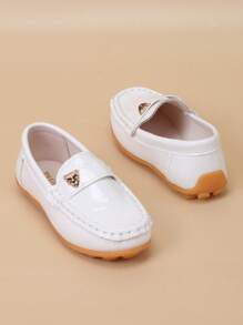 Mocasines planos cómodos con suela suave y hebilla en forma de cabeza de leopardo, estilo casual para niños - Blanco - Ver 2