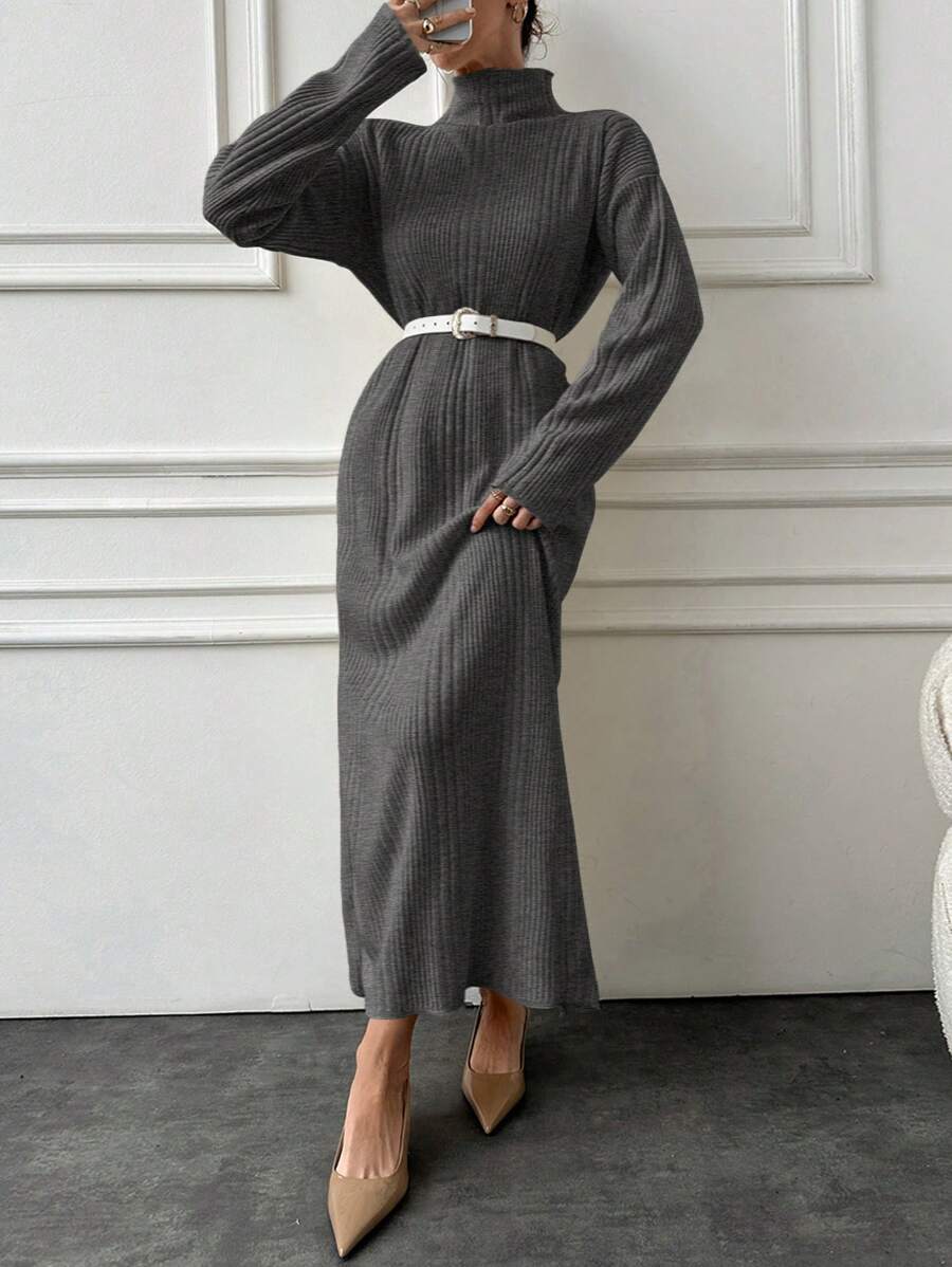 EURMUSE Cotton Solid Color Turtleneck Ribbed Knit Sweater Dress - Dark Grey - View 1