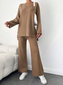 EURMUSE Split Hem Buttoned Decor Sweater And Pants Set - Khaki - View 5
