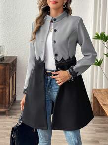 EMERY ROSE 女士优雅连衣裙，配色块荷叶边细节、口袋，秋冬款 - 灰色 - 查看 3