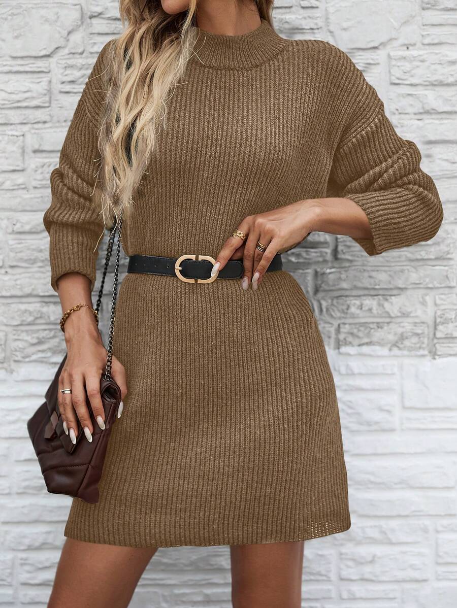 SHEIN LUNE 黑色简约高领休闲时尚街头风格女士毛衣连衣裙，秋冬 - 卡其色 - 查看 1