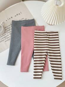 3 Piece Set Girls Knit Solid Stripe Form-Fitting Casual Leggings - Multicolor - View 6