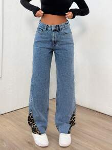 EURMUSE Women's Pocketed Leopard Print Patchwork Straight Loose Casual Jeans - Medium Wash - View 3