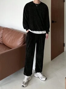 DAZY 2 件男士纯色圆领运动衫和运动裤套装，秋季服装 - 黑色 - 查看 1