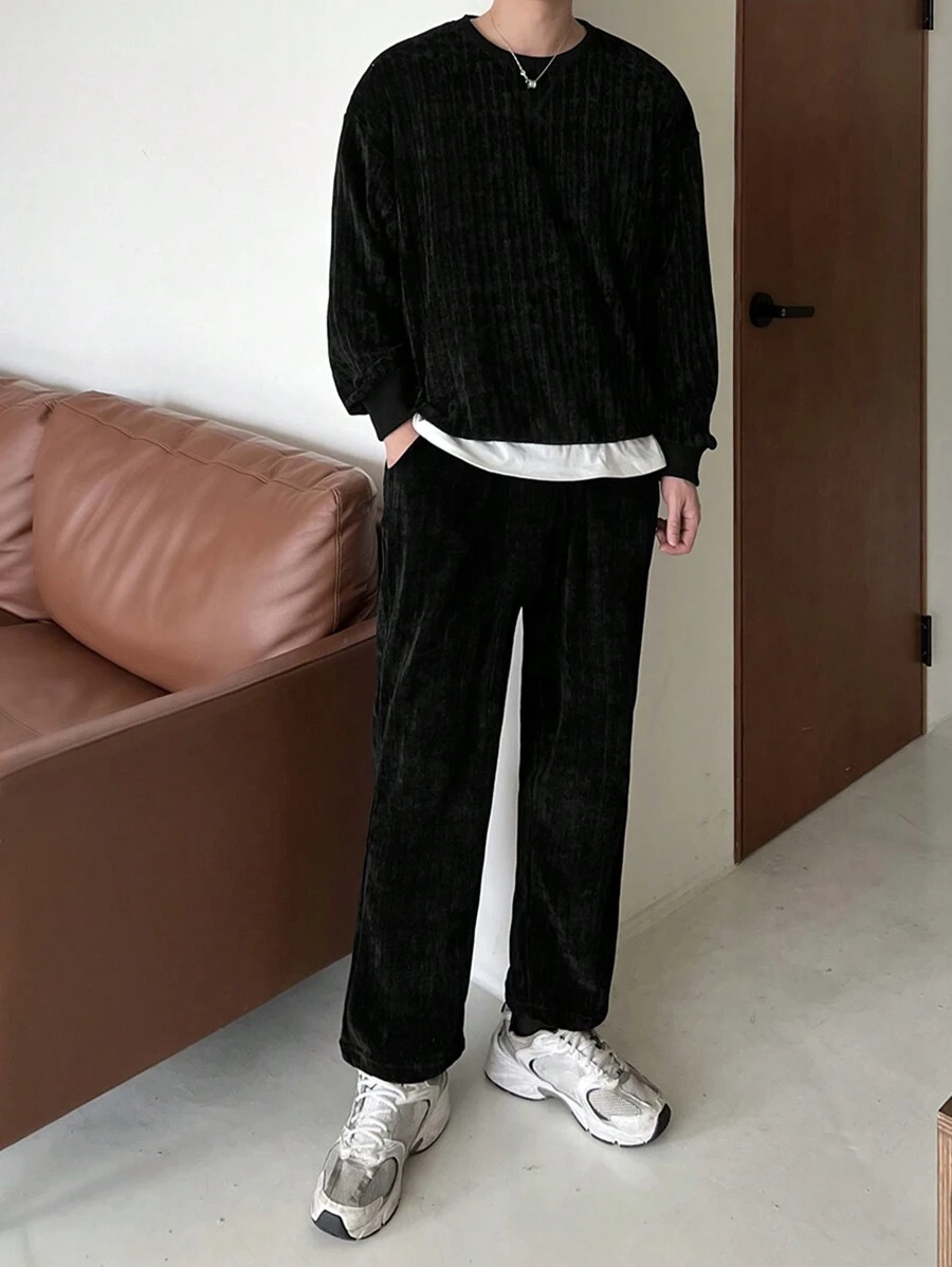DAZY 2 件男士纯色圆领运动衫和运动裤套装,秋季服装 - 黑色 - 查看 1