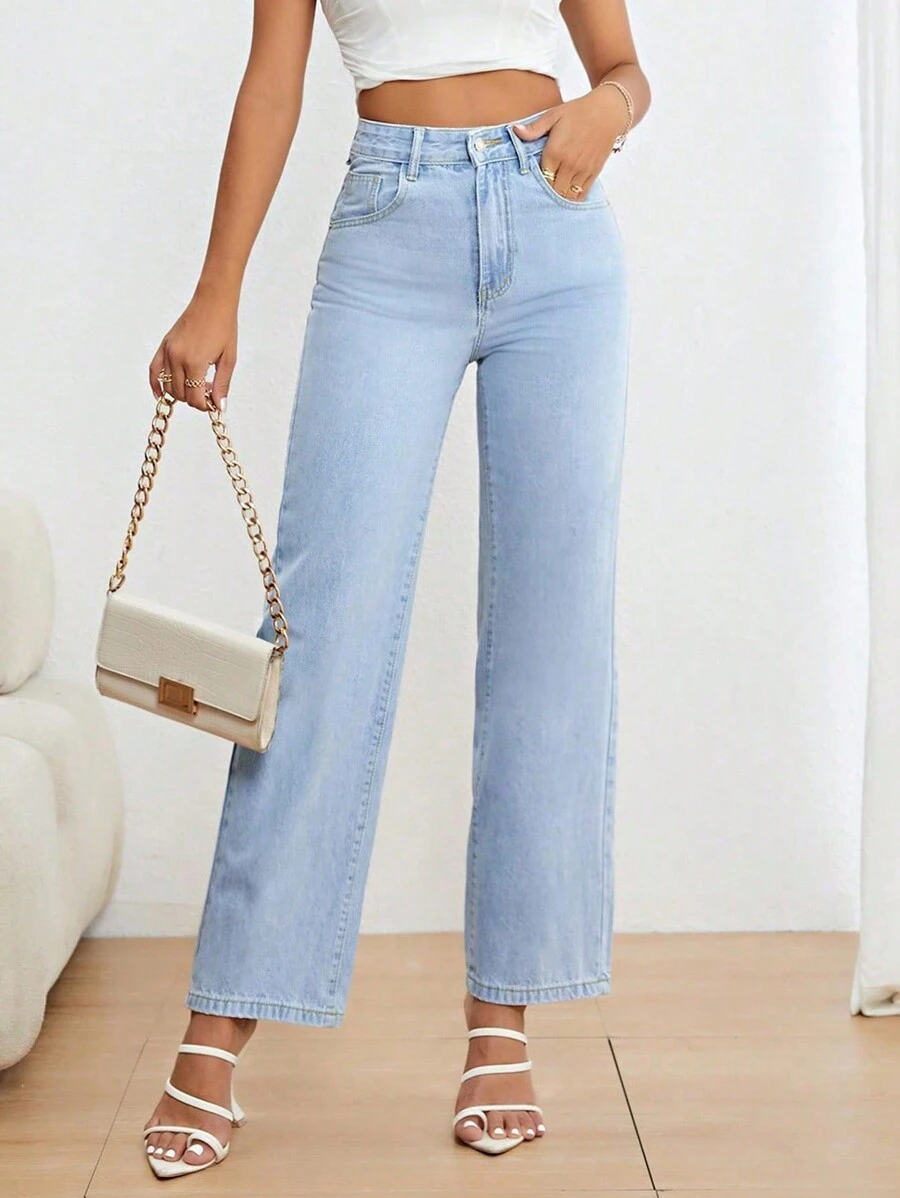 Jeans mit geradem Beinschnitt, hoher Taille, - Helle Waschung - Übersicht 1
