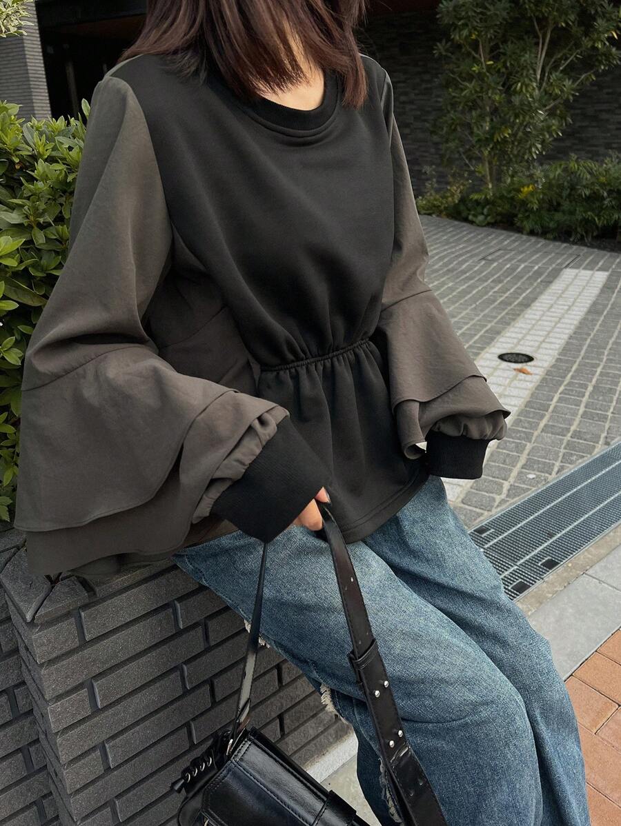 FRIFUL Women's Contrast Color Tiered Ruffle Trim Blouse,Fall Clothes Long Sleeve Top - Black - View 1