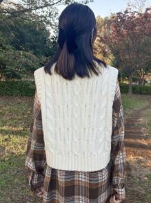 FRIFUL Chaleco de punto suelto y casual con botones frontales de unicolor, a cuadros para otoño/invierno para mujer - Albaricoque - Ver 3