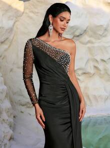 Glamrae Elegant Luxury Black One Shoulder Rhinestones & Pearl Elastic Knit Ruched Slit Fishtail Dress,Long Sleeve Formal Evening Gown For Wedding Guest,Prom - Black - View 4