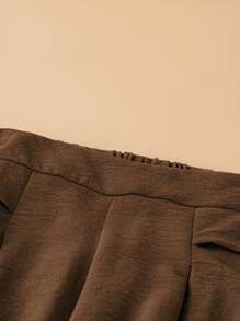 SHEIN LUNE 大码女式褶皱宽松直筒裤，带口袋，松紧腰身，休闲装，工作和通勤装 - 棕色 - 查看 3