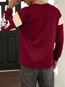 Manfinity Campus Court Áo thun nam tay dài cổ tròn in chữ nổi, thường ngày, mùa thu - Màu Đỏ Sâu - Xem 5