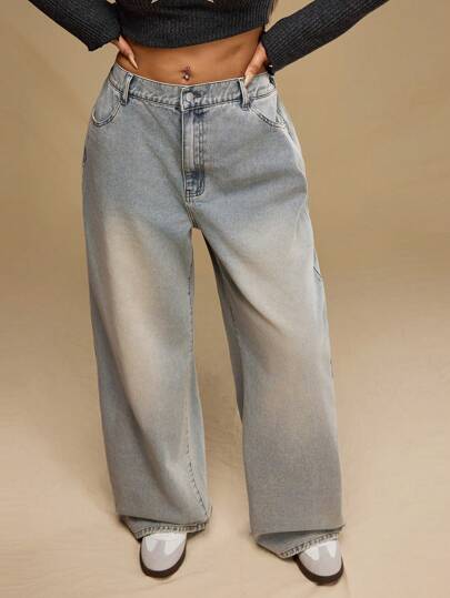 Forever 21 Quần Jeans Boyfriend Ống Rộng Rộng Cổ Điển Thường Ngày Size Lớn