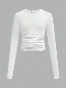 3pcs/Set Tween Girls Fitted Casual Solid Color & Striped Round Neck Ruched Waist Long Sleeve T-Shirt, Black & White Striped Knit Tops - Black and White - View 7