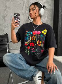 SHEIN EZwear Große Größen Vintage ausgewaschenes Graphic Muster Loose T-Shirt