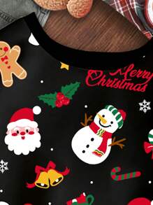 SHEIN 圣诞雪人和姜饼人卡通印花休闲宽松保暖内衬套头衫，少女，适合秋冬季圣诞装 - 彩色 - 查看 3