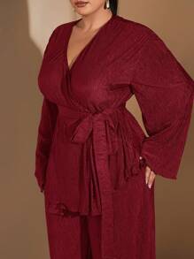 SHEIN BAE Plus Size Women Elegant Going Out Outfits For Daily Dates, Parties, Gatherings - Fitted Long Sleeve Shirt, High Waisted Wrap Pants, Fall Autumn Ensemble - Burgundy - View 5