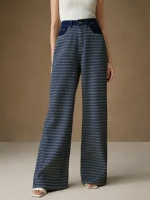 SHEIN X Jwoww Anewsta 女士新款时尚提花情人节/母亲节蓝色直筒牛仔裤