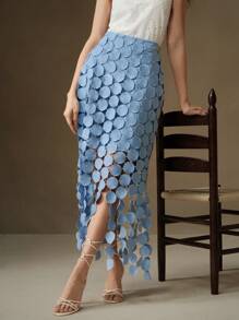 Anewsta Laser Cut Multi Circle Double Layered Skirt Maxi - Blue - View 4