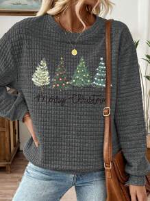 INAWLY 圣诞树图案印花宽松休闲圆领卫衣，秋冬 - 深灰色 - 查看 3