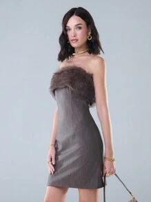 SHEIN Unity Váy dự tiệc mini bằng da PU kết cấu lông giả - màu nâu - Xem 6