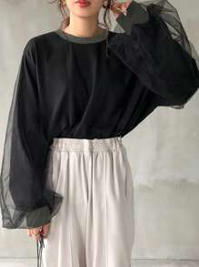 FRIFUL Women's Mesh Contrast Loose Batwing Sleeve Round Neck T-Shirt,Fall Clothes