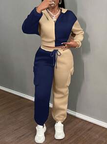 Slaydiva Women's Autumn Contrast Color Zipper Front Hooded Sweatshirt And Pants Casual 2 Pieces Set