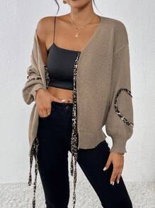 SHEIN Clasi Women Leopard Print Patchwork Front Tie Loose Casual Long Sleeve Cardigan, Autumn/Winter