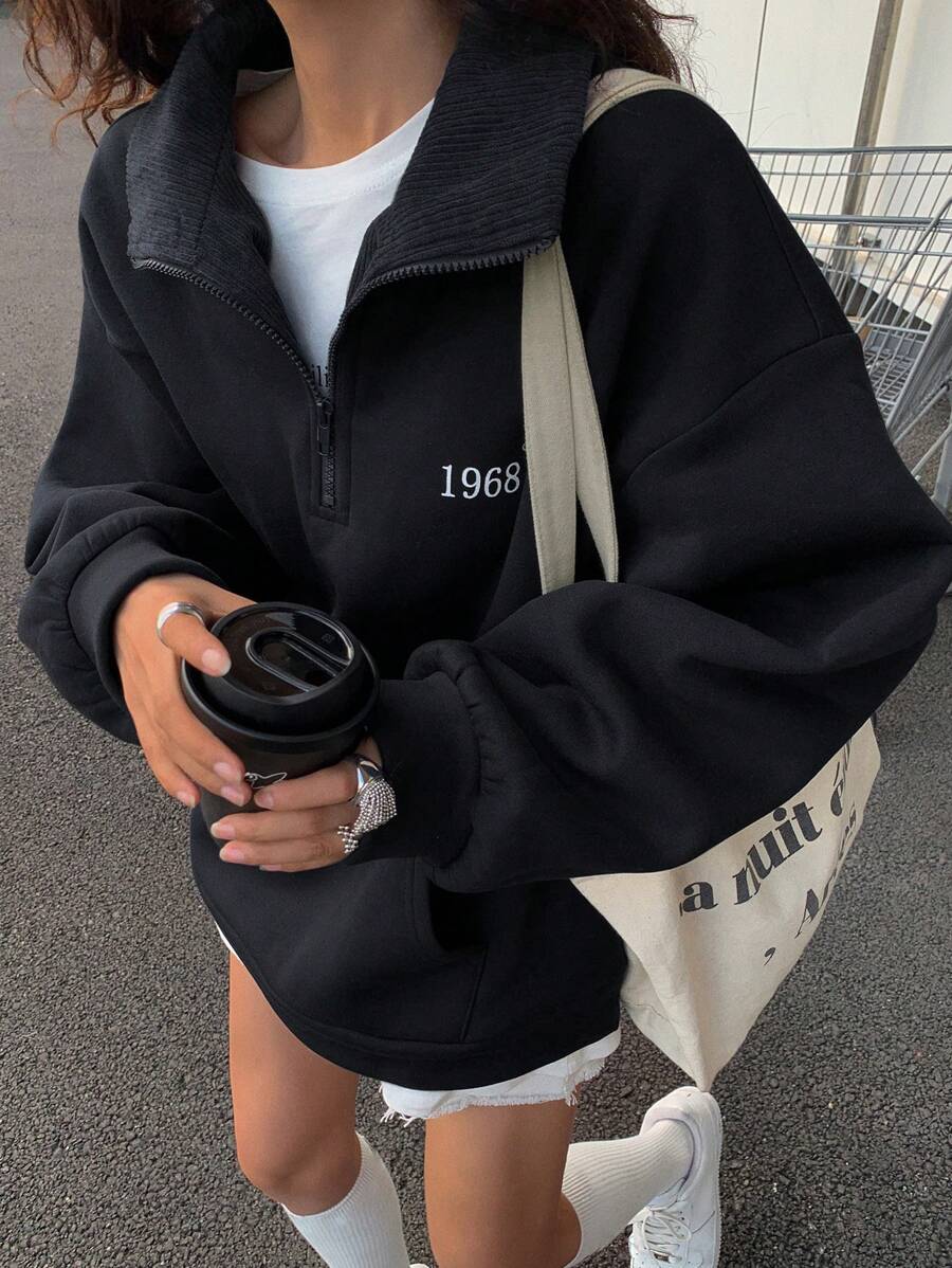 DAZY Contrast Color Block Fold-Over Collar Loose Fit Fleece Sweatshirt For Women - Black - View 1